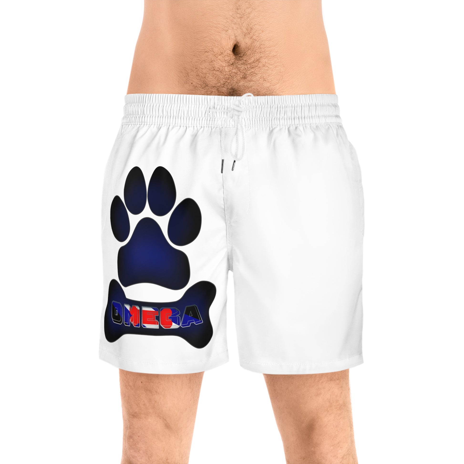 Swim shorts that say Omega with puppy paw