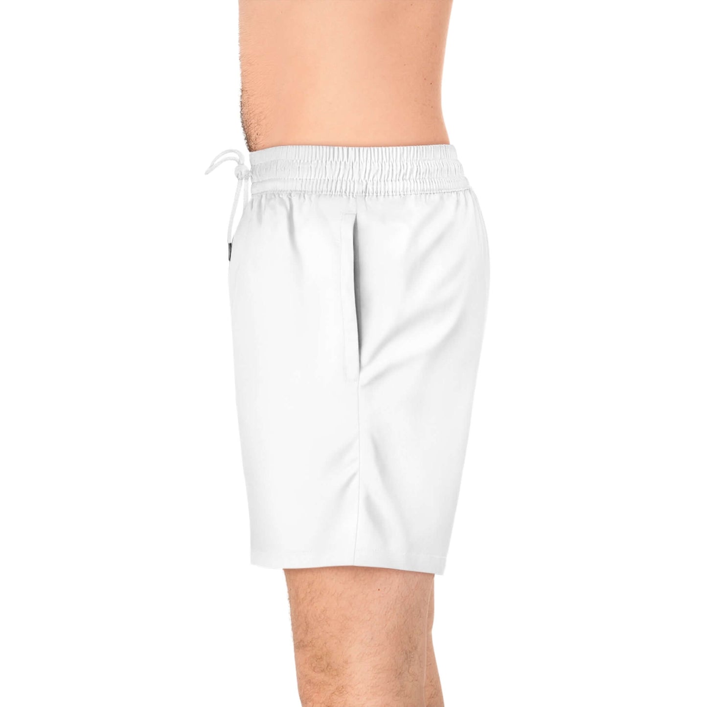 White swim trunks that say Alpha with puppy paw