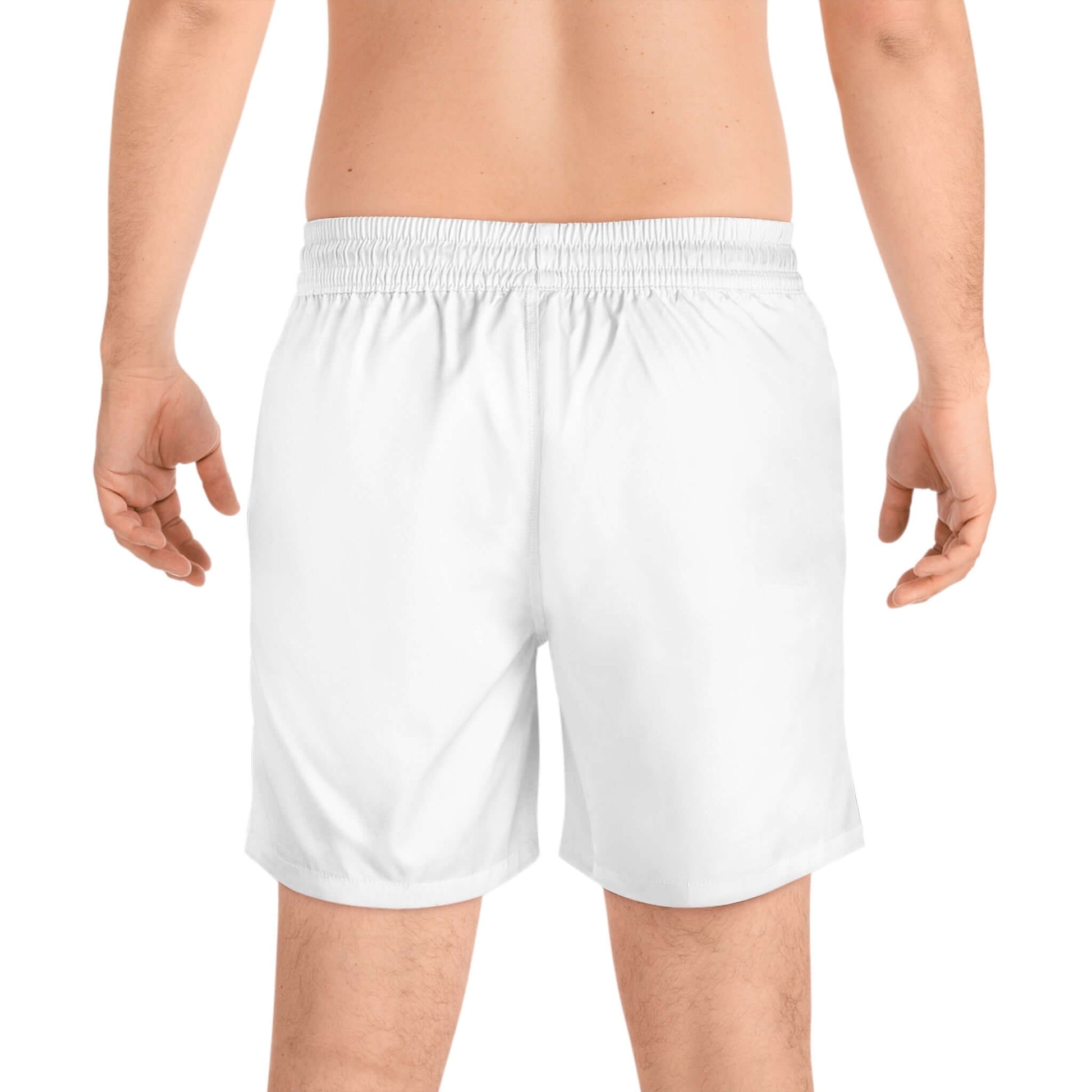 White swim trunks that say Alpha with puppy paw