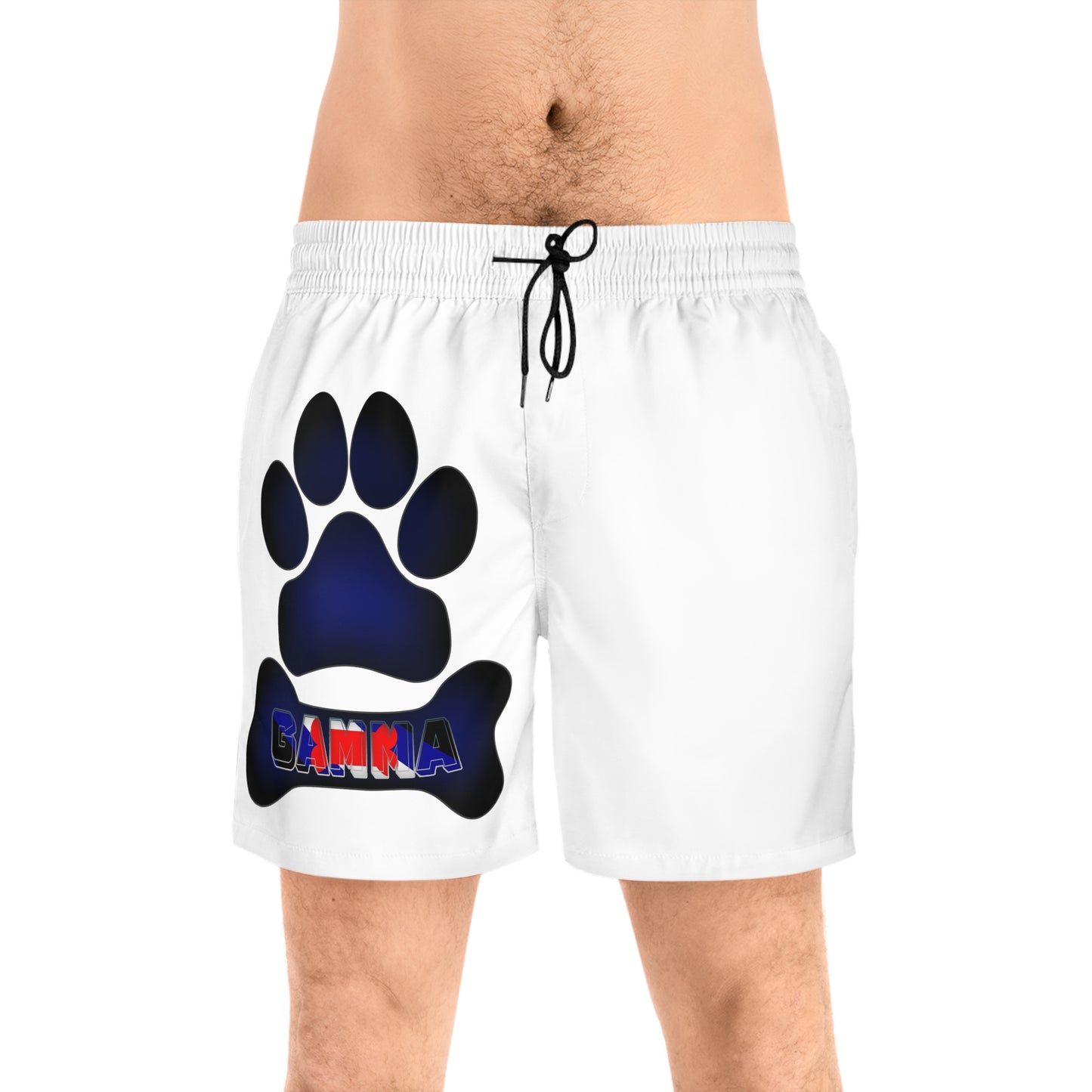 Swim shorts that say Gamma with puppy paw