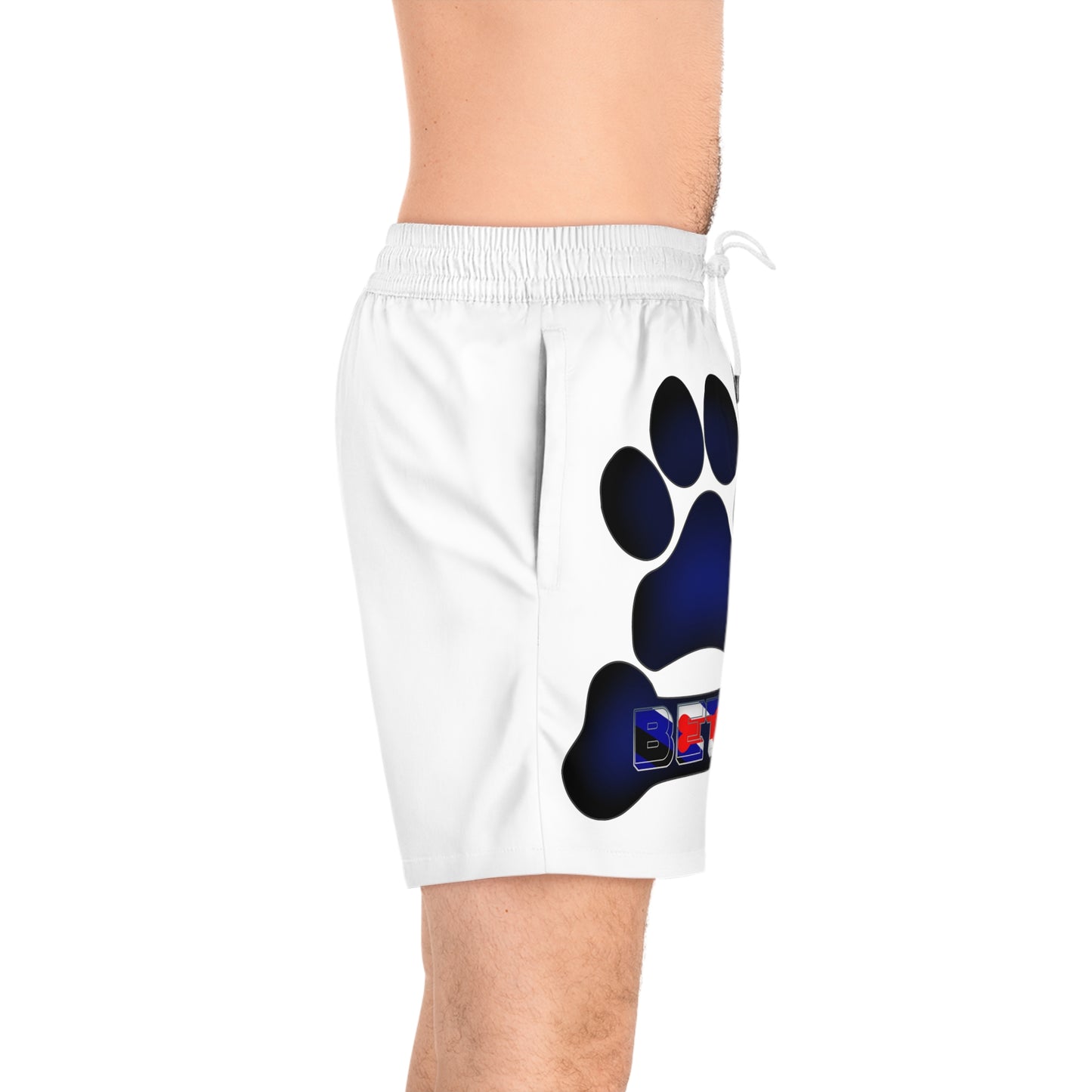 Swimming trunks that say Beta with puppy paw print