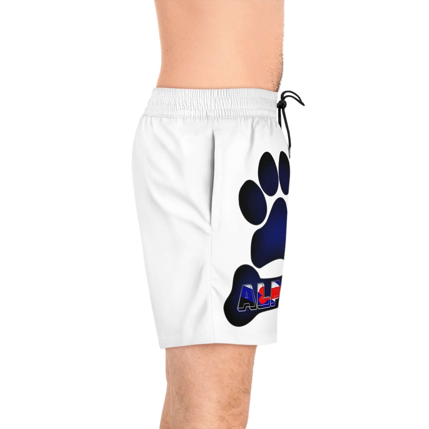 White swim trunks that say Alpha with puppy paw