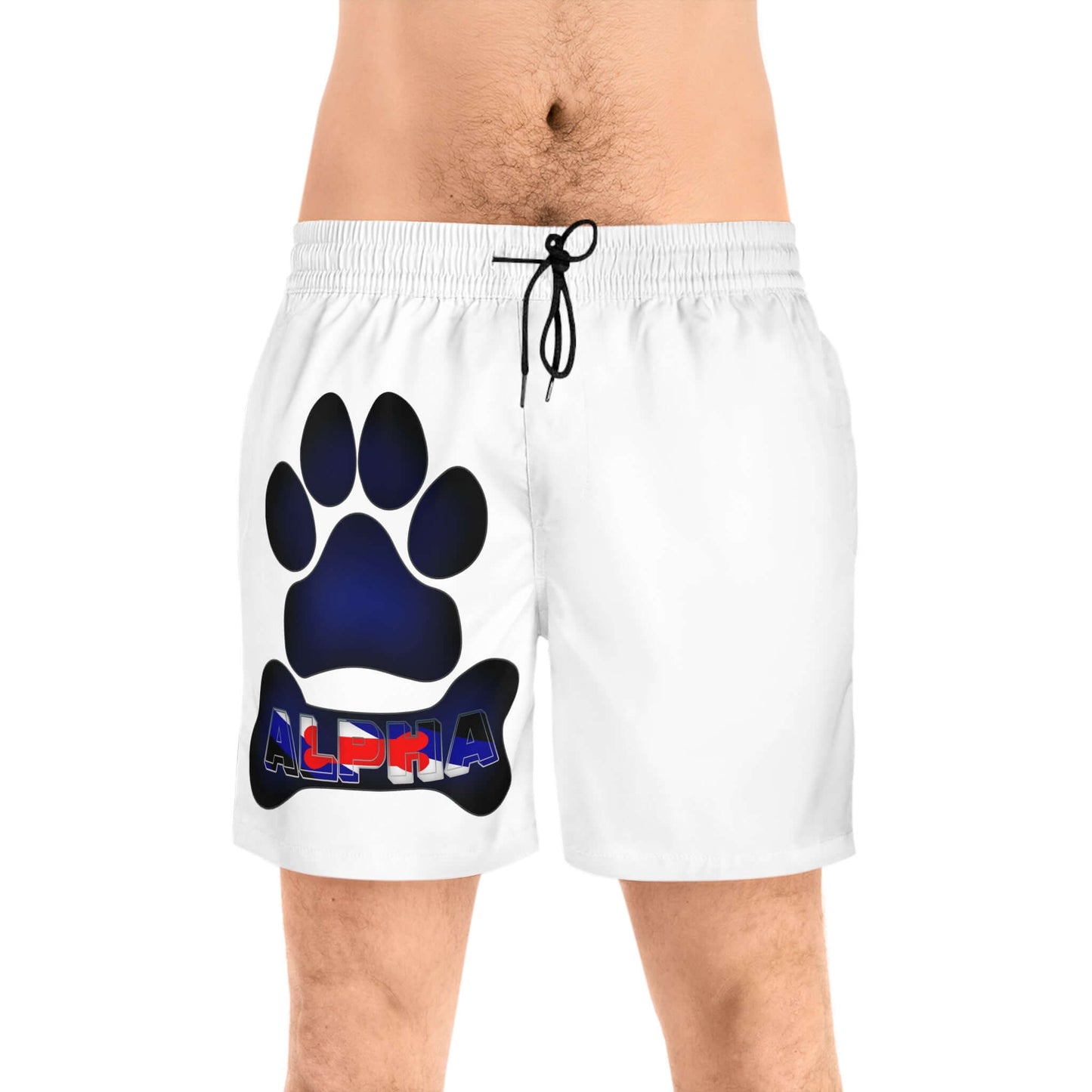 White swim trunks that say Alpha with puppy paw