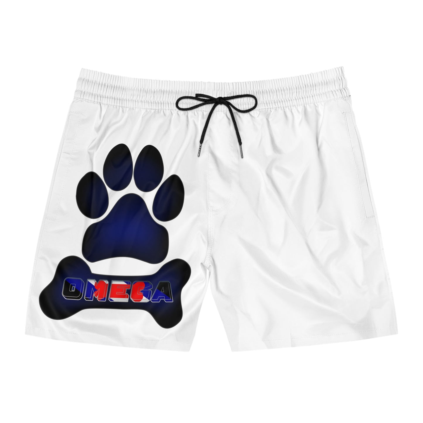 Swim shorts that say Omega with puppy paw