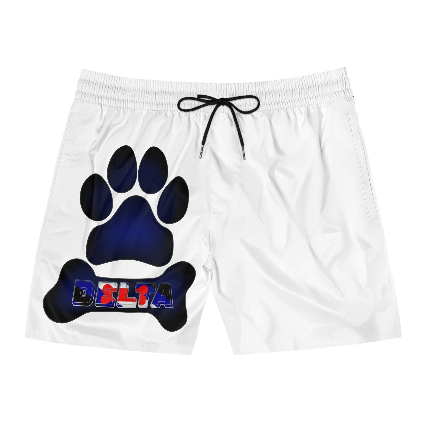 White Swim Shorts that say Delta with puppy paw